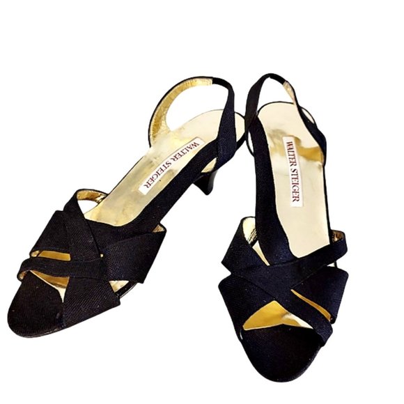 Elegant Black 1980s Vintage Satin Sling Back Kitten Heel Shoes Never Worn NWOTs - Picture 2 of 7